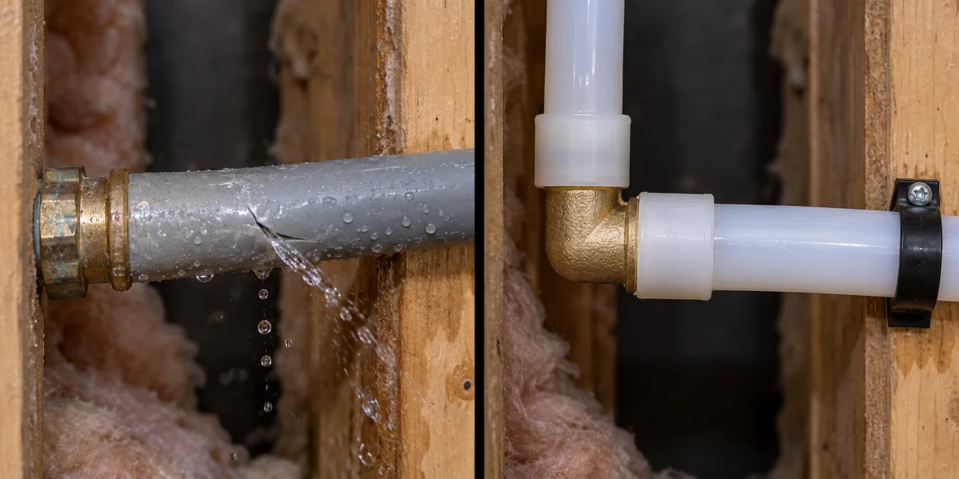 Illustration comparing a leaking grey Poly-B pipe with clean new PEX-A piping